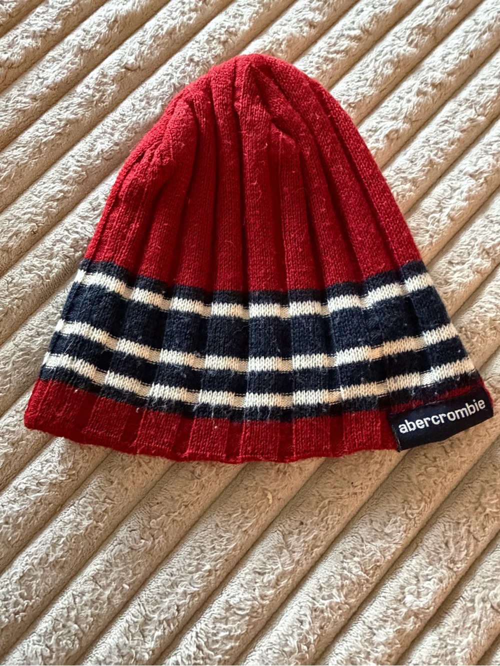 VTG 90’s Abercrombie & Fitch Red Knit Beanie with Navy and White Stripes